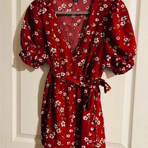 SHEIN Red Floral Puff sleeve, false wrap tie top